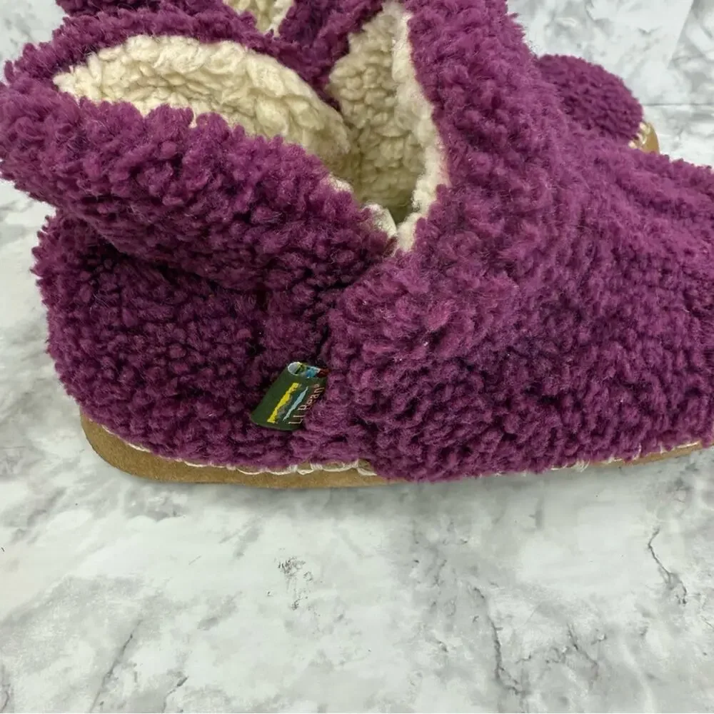 L.L.BEAN Kid’s Cozy Slipper Booties, Pile Fleece Plum Leather Sole Sz 12/13